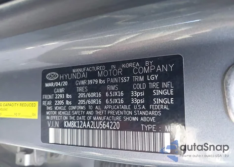 2020 Hyundai Kona Se z USA, uszkodzony, nr VIN KM8K12AA2LU564220